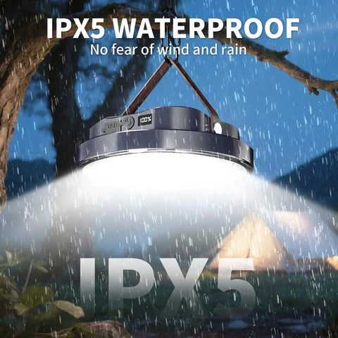 Ultra Bright Portable Camping Lantern With 5000 Lumen Led Light, 30W Power, hanging in rain demonstrating IPX5 waterproof