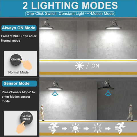 Smash The Shadows With These 200W Led High Bay Lights Packing 30000 Lumens Ufo Profile motion sensor modes diagram showing ON and Sensor settings.