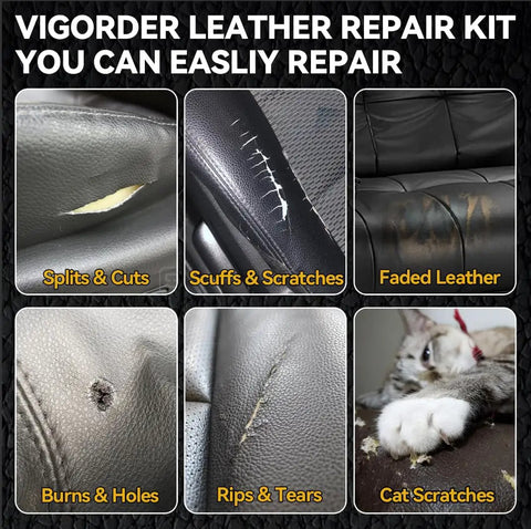 DIY Leather Repair Kit For Furniture And Cars, No Skills Needed, Fix Cracked Seats, Sofas, Purses And Jackets, Restore Car Interiors And Any Leather Or Vinyl Material With Easy Step By Step Instructions; image showing repair areas: splits, scuffs, faded leather, burns, rips, cat scratches.