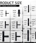 Diagram showing sizes of hose connectors for Six Piece Five Foot Silicone Vacuum Hose Kit For Cars And SUVs With Clamps.