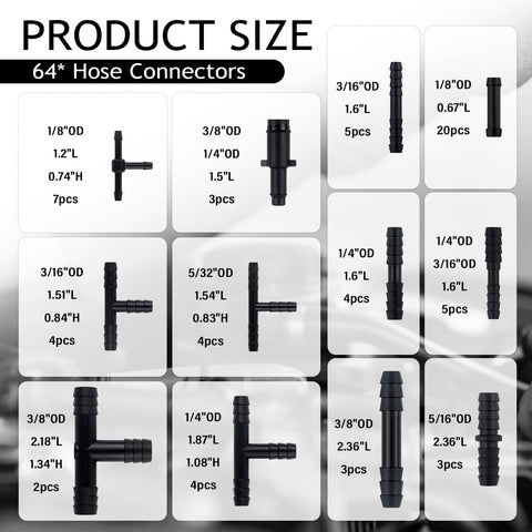 Diagram showing sizes of hose connectors for Six Piece Five Foot Silicone Vacuum Hose Kit For Cars And SUVs With Clamps.
