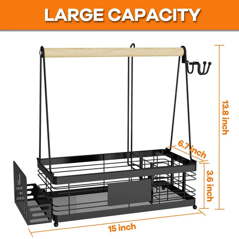 Grill Caddy With Plate Holder And Paper Towel Holder For Outdoor Cooking And Picnics, metal frame with wood handle, 15x13.8 inches