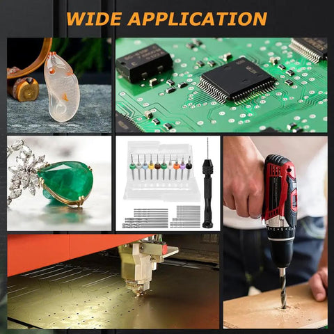 Collage showing wide applications of Pipe Vise Micro Mini Hand Drill Set With Premium HSS Micro Bits including jewelry and electronics.