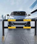Heavy Duty U Shaped Guardrail Safety Barrier for Garages and Industrial Spaces Protect Walls and Cars with a Double Layer Anti Collision Bar Beefy Rugged Build Yellow with Black Stripe Industrial Grade Steel 150x60cm with car on rooftop