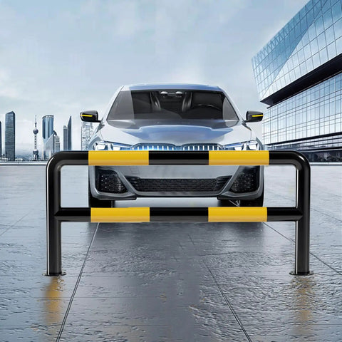 Heavy Duty U Shaped Guardrail Safety Barrier for Garages and Industrial Spaces Protect Walls and Cars with a Double Layer Anti Collision Bar Beefy Rugged Build Yellow with Black Stripe Industrial Grade Steel 150x60cm with car on rooftop