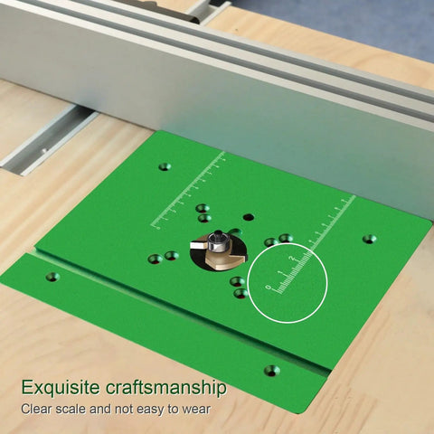 Dead Nuts Accurate Router Table Lift System With Slick Insert Plate For Woodworking Engraving Slotting And Trimming Rigs No Sweat Aluminum Base Pro Rig Setup, green insert plate with scale.