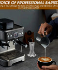 Home barista using 51mm Espresso Tamper With Calibrated Spring Loaded Mechanism near espresso machine, pouring milk into coffee.