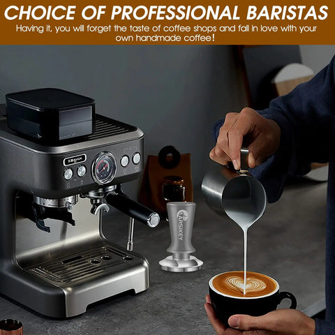 Home barista using 51mm Espresso Tamper With Calibrated Spring Loaded Mechanism near espresso machine, pouring milk into coffee.
