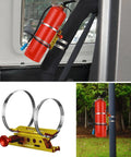 Universal Roll Bar Fire Extinguisher Mount Aluminum Quick Release Bracket With Eight Clamps, installed in Jeep.