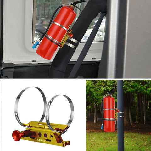 Universal Roll Bar Fire Extinguisher Mount Aluminum Quick Release Bracket With Eight Clamps, installed in Jeep.