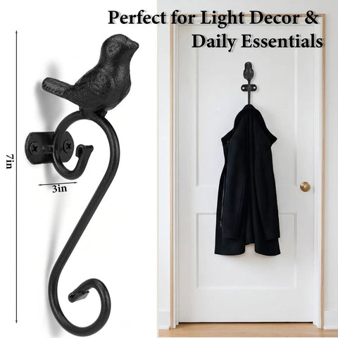 Top Notch Cast Iron Bird Wall Hooks Rustic Farmhouse Vibes Vintage Black Coat Racks For Bathroom Or Entryway Super Sturdy Decorative Key Holders Real Deal Home Upgrade Set Of Two Pieces 7 inch bird hook with black finish on door.