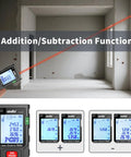 Laser Distance Meter Workhorse with 196 Feet Range, addition & subtraction functions displayed on backlit LCD.