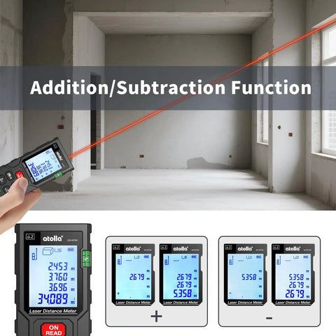 Laser Distance Meter Workhorse with 196 Feet Range, addition & subtraction functions displayed on backlit LCD.