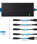 Universal 42V 2A Fast Charger With Six Plugs For 36V Li Ion Batteries, showing charger unit and five plug adapters.