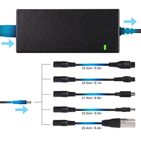 Universal 42V 2A Fast Charger With Six Plugs For 36V Li Ion Batteries, showing charger unit and five plug adapters.