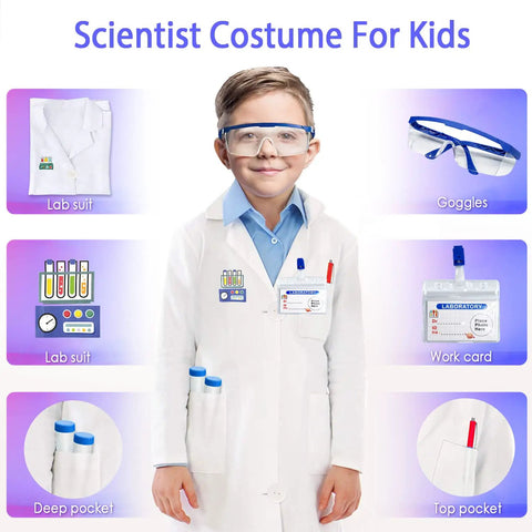 Ultimate Kids Science Kit With 56 Hands On Experiments, lab coat costume, goggles, work card, and test tubes