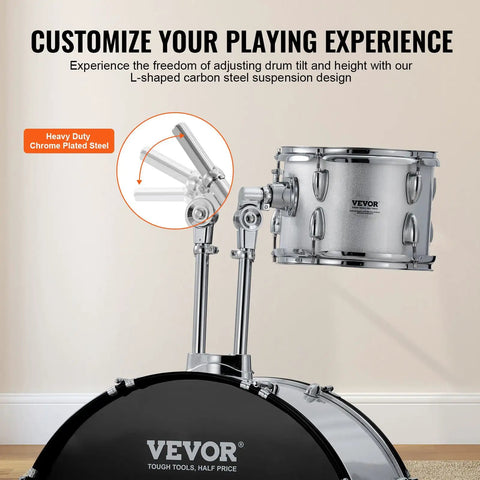 Ultimate 5-Piece Adult Drum Set Full Size Kit With Poplar Shells Warm Sound showing adjustable carbon steel drum tilt mechanism.