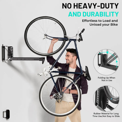 Man mounting bike on Bike Rack Wall Mount For Garage And Indoor Use, Space Saving Vertical Holder Up To 77 Lbs