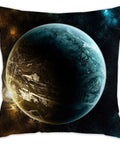 Artistic decorative pillow featuring a planet design against a cosmic background, ideal for home decor.