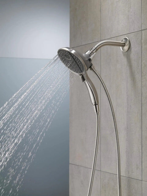 Two In One Dual Shower Head With Handheld Spray In Chrome, Detachable Shower Head With Hose, water flowing from fixed shower head