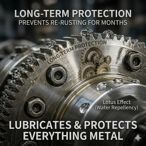 Two Pack 6.1 Ounce Anti Rust Lubricant And Rust Remover Spray For Metal Tools Vehicles Hinges Bolts Chains And Stuck Parts Fast Acting Penetrating Oil That Removes Rust And Provides Lasting Lubrication with metal gears close-up showing lubrication effect.