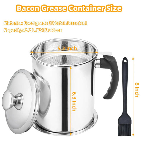 A Total Game Changer, This Heavy Duty Bacon Grease Keeper Boasts A Fine Mesh Strainer, 74 Oz Stainless Oil Jug For Kitchen Frying And Roasting, No Fuss Spill Proof Lid, Solid Grip Handle Included