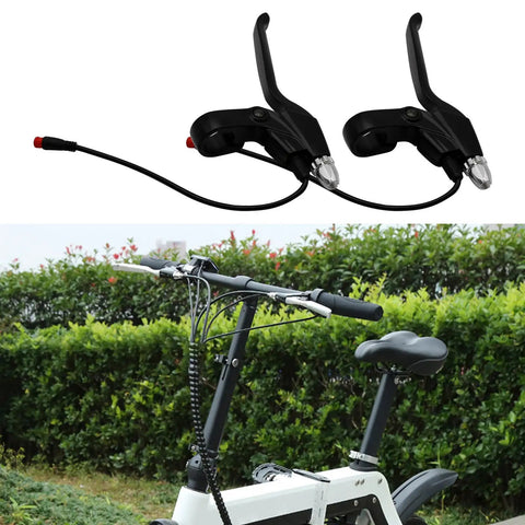 Pair of left and right brake levers for electric bikes and scooters, power off hand brake controller kit with 2 pin M8 waterproof connectors.