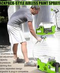 Backpack-style airless paint sprayer shown in use by a man on a wall, featuring a 1.7L tank for easy home renovations.