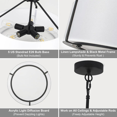 Grab This 20 Inch Drum Chandelier With 5 Lights For Instant Modern Farmhouse Vibes Featuring Soft White Linen Shades And Sleek Black Frames with adjustable hanging chain and bulb base.