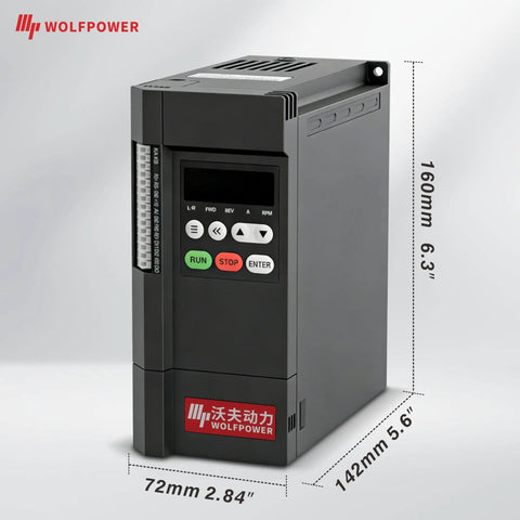 0.75KW To 2.2KW VFD Variable Frequency Drive 220V with front view showing dimensions and control panel, branded Wolfpower