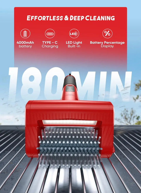 Beast 800 RPM Cordless Grill Scrubber With LED Light on stainless steel grate showcasing deep cleaning features.