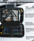 NanoVNA H4 Vector Network Analyzer V4.4 with accessories in a spacious EVA hardshell storage case, showing mesh pocket and protective divider.