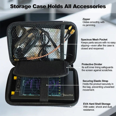 NanoVNA H4 Vector Network Analyzer V4.4 with accessories in a spacious EVA hardshell storage case, showing mesh pocket and protective divider.