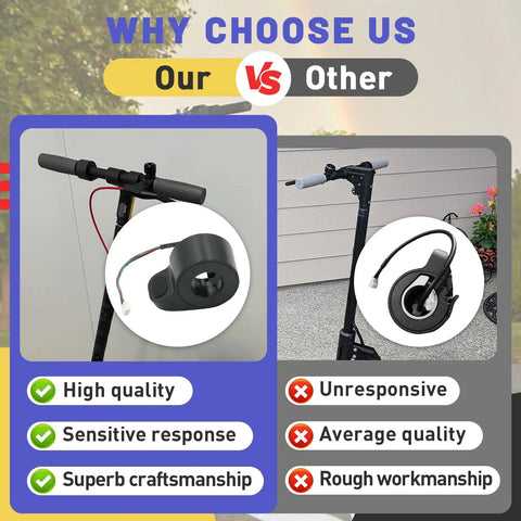 Comparison of Universal Thumb Throttle for Electric Scooters with diagrams highlighting quality and craftsmanship.