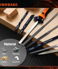 12-Piece Metal Needle File Set With 3 Quick Change Blades And 4 Filing Shapes, shown with wood, steel, and plastic materials