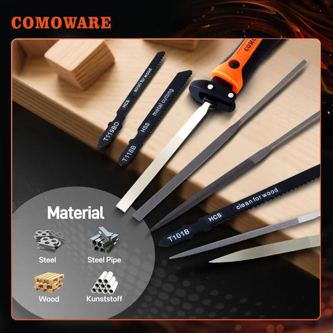 12-Piece Metal Needle File Set With 3 Quick Change Blades And 4 Filing Shapes, shown with wood, steel, and plastic materials