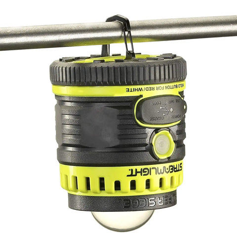 1100 Lumen Rechargeable Outdoor Hand Lantern Flashlight With 120V AC Charger And Portable USB Power Bank hanging on a rod