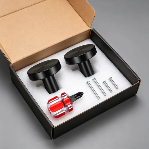 Knockout Matte Black Bifold Closet Door Knobs Featuring Round Cabinet Pulls Durable Aluminum Alloy Build Complete Install Pack with screws and driver