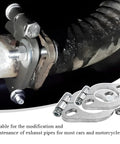Heavy Duty 2 Pack Split Flange Repair Kit For Cars And Motorcycles, showing zinc-coated bolts on 2.25 inch exhaust pipe.