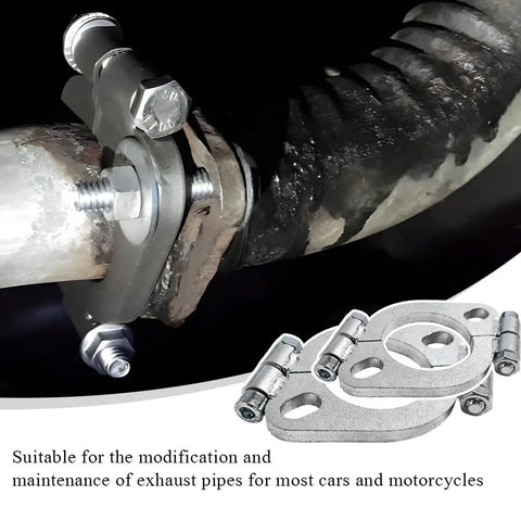 Heavy Duty 2 Pack Split Flange Repair Kit For Cars And Motorcycles, showing zinc-coated bolts on 2.25 inch exhaust pipe.