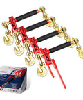 Four Pack Folding Handle Load Binder With Two Grab Hooks For Three Eighths To Half Inch Grade 70 Transport Chain, 9,100 Pound