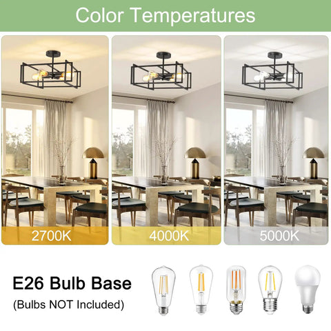 Four Light Black Semi Flush Mount Ceiling Light Fixture With Industrial Farmhouse Style, color temperatures display, E26 bulbs