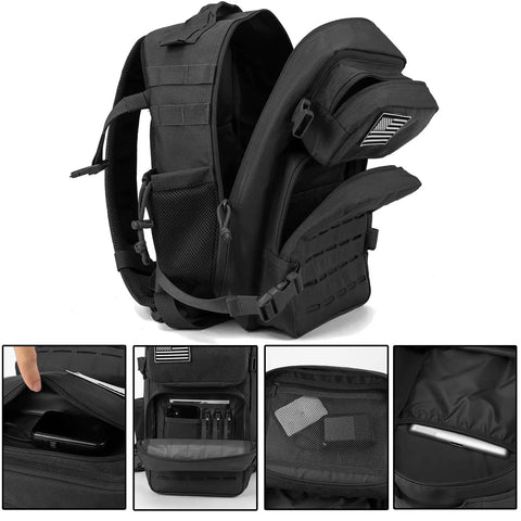 Rugged 25L Military Tactical Backpack For Everyday Carry And Bug Out Readiness With Molle Webbing Laser Cut Panels Black