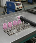 Pro Grade 26 Piece Thermal Torch Cutter Consumables Kit With Nozzles And Tip Cups Ceramic Copper Parts For SG55 SG5 A60 Durable Replacement Set For Metal Cutting DIY Garage And Workshop Maintenance, pink ceramic cups and silver nozzles