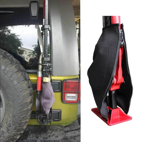 Neoprene Jack Cover For Lift Jacks And Farm Jacks, Waterproof Protective Sleeve, Thick Beefy Durable Material, Dustproof All Weather Shield, Fits Most Cast And Steel Jacks, Trail Ready, Perfect For Garage And Backcountry shown installed on vehicle