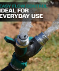 Two Way Hose Splitter Heavy Duty Outdoor Faucet Connector With Shut Off Valve All Metal Y Adapter For Garden Watering Leak Free Dual Outlet Spigot Splitter With Easy Grip Handles And Durable Weatherproof Build, dual outlets in use