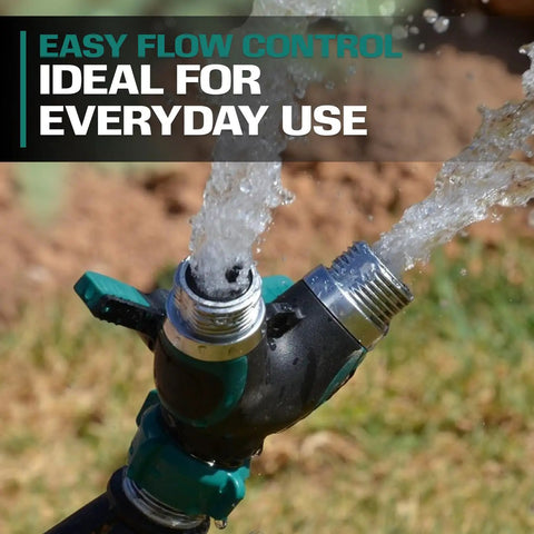 Two Way Hose Splitter Heavy Duty Outdoor Faucet Connector With Shut Off Valve All Metal Y Adapter For Garden Watering Leak Free Dual Outlet Spigot Splitter With Easy Grip Handles And Durable Weatherproof Build, dual outlets in use