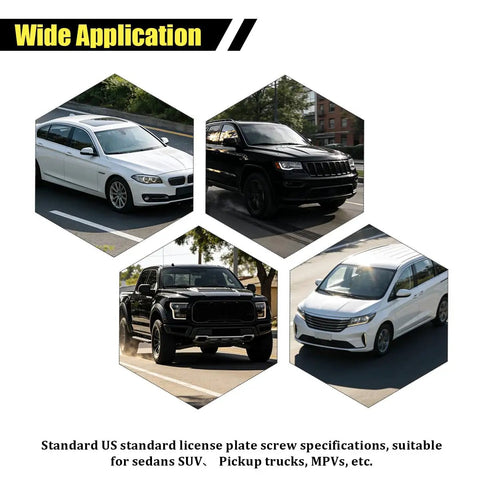 Hella Tough Anti Theft License Plate Screws Kit With Stainless Steel Tamper Proof Bolts showing cars for universal car tag mounting.