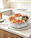 Five Compartment Chilled Serving Lazy Susan With Secure Hinged Lid, Divided Plastic Condiment Caddy For Shrimp Buffets filled with seafood.