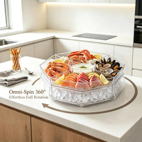 Five Compartment Chilled Serving Lazy Susan With Secure Hinged Lid, Divided Plastic Condiment Caddy For Shrimp Buffets filled with seafood.